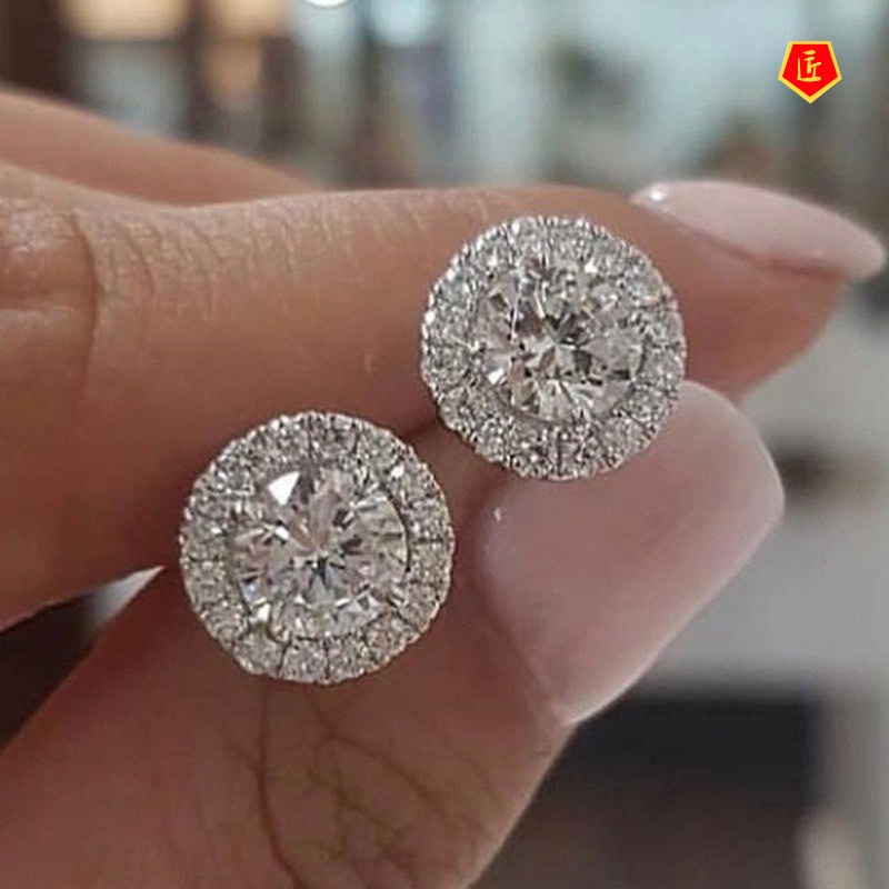 [Ready Stock]New 1 Karat round Moissanite Stud Earrings 18K White Gold