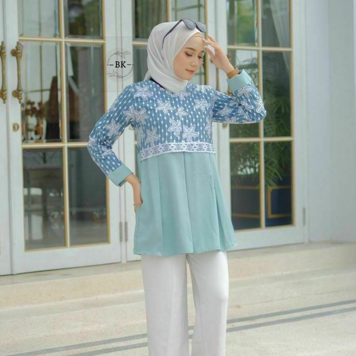 tey-17 Batik wanita ASJ SA HRB026 Kenongo Kemeja Tosca Pendek-Bintang biru