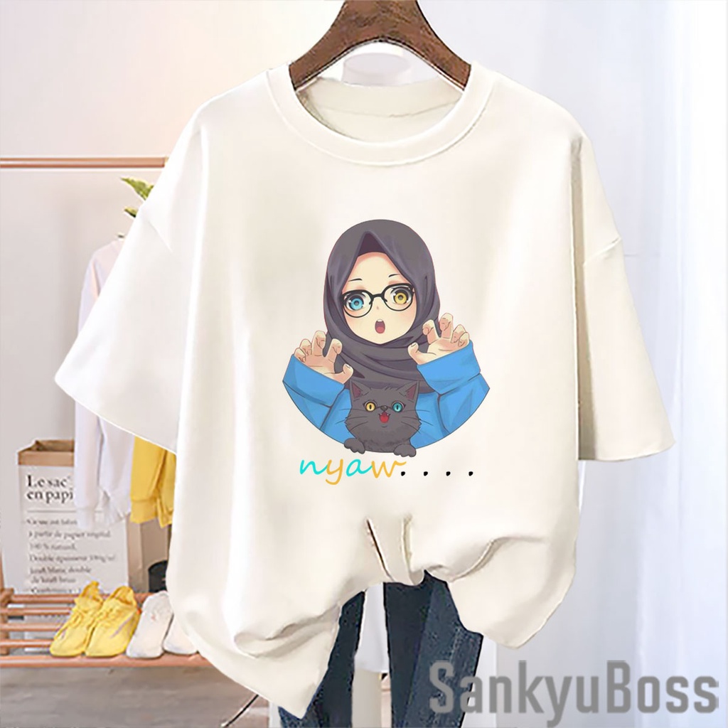 SANKYUBOSS - KAOS WANITA MUSLIM IMUT / BAJU KUCING ANIME LUCU / ATASAN MUSLIM