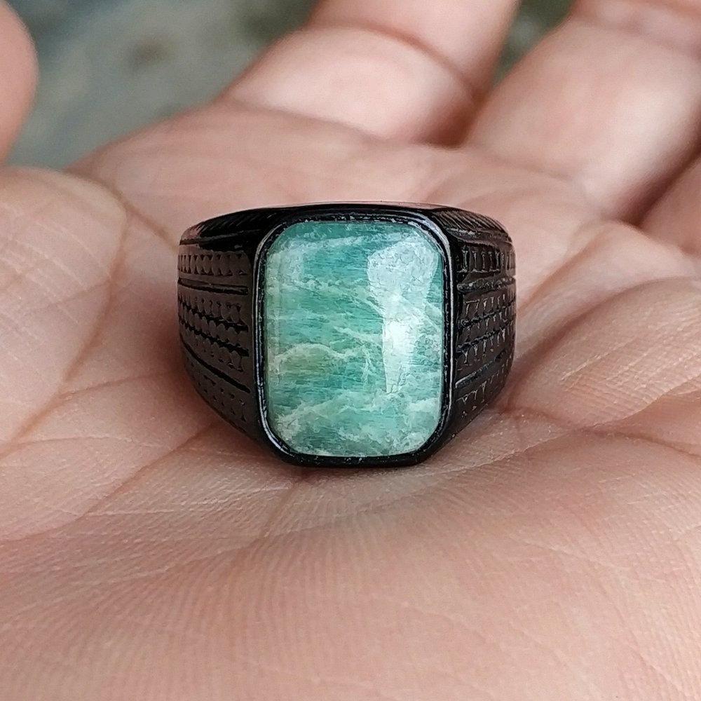 CINCIN BATU AKIK NATURAL AMAZONITE MINIMALIS OCTAGON TITANIUM MINIMALIS