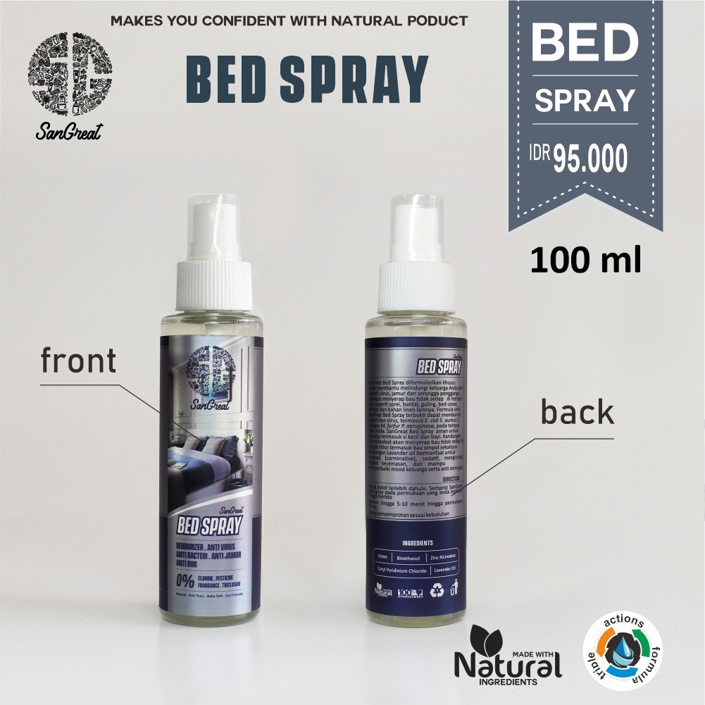 SanGreat Bed Spray 100 ml-Anti bakteri virus dan jamur dan anti serangga anti kutu kasur anti tungau penghilang bau ompol penghilang bau keringat penghilang bau air liur