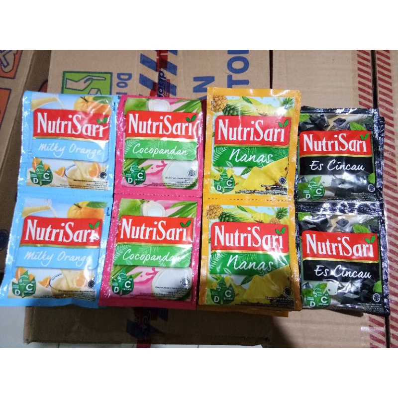 

nutrisari milky orange, cocopandan, nanas, cincau, maroko, strawberry, madu lemon 1 renceng isi 10 sachet