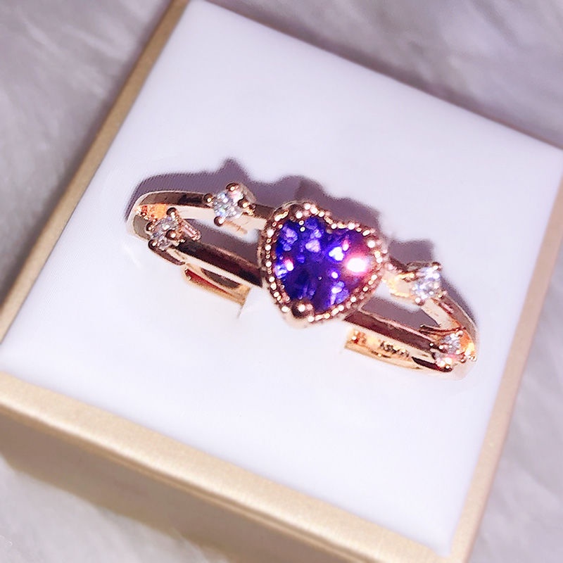 Cincin Wanita Bahan Titanium Steel Warna Rose Gold Bentuk Hati Hias Kristal Berlian Ungu Gaya Korea