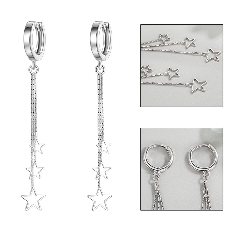 Anting Rumbai Panjang Bentuk Bintang Model Hollow Tiga Tingkat Warna Silver Untuk Wanita