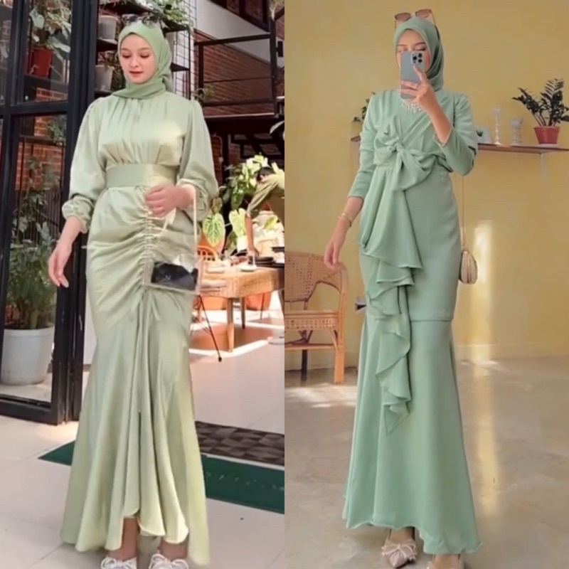 SILKY SATIN DRESS PREMIUM - DRESS LEBARAN DRESS KONDANGAN GAUN MUSLIMAH DRESS DUYUNG DRESS SAGE GREE