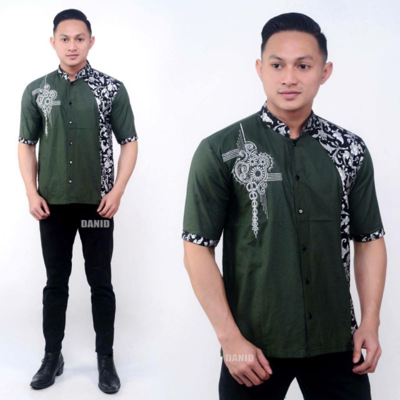 KEMEJA BATIK PRIA LENGAN PENDEK BAHAN KATUN ADEM KOMBINASI PRADA BORDIR