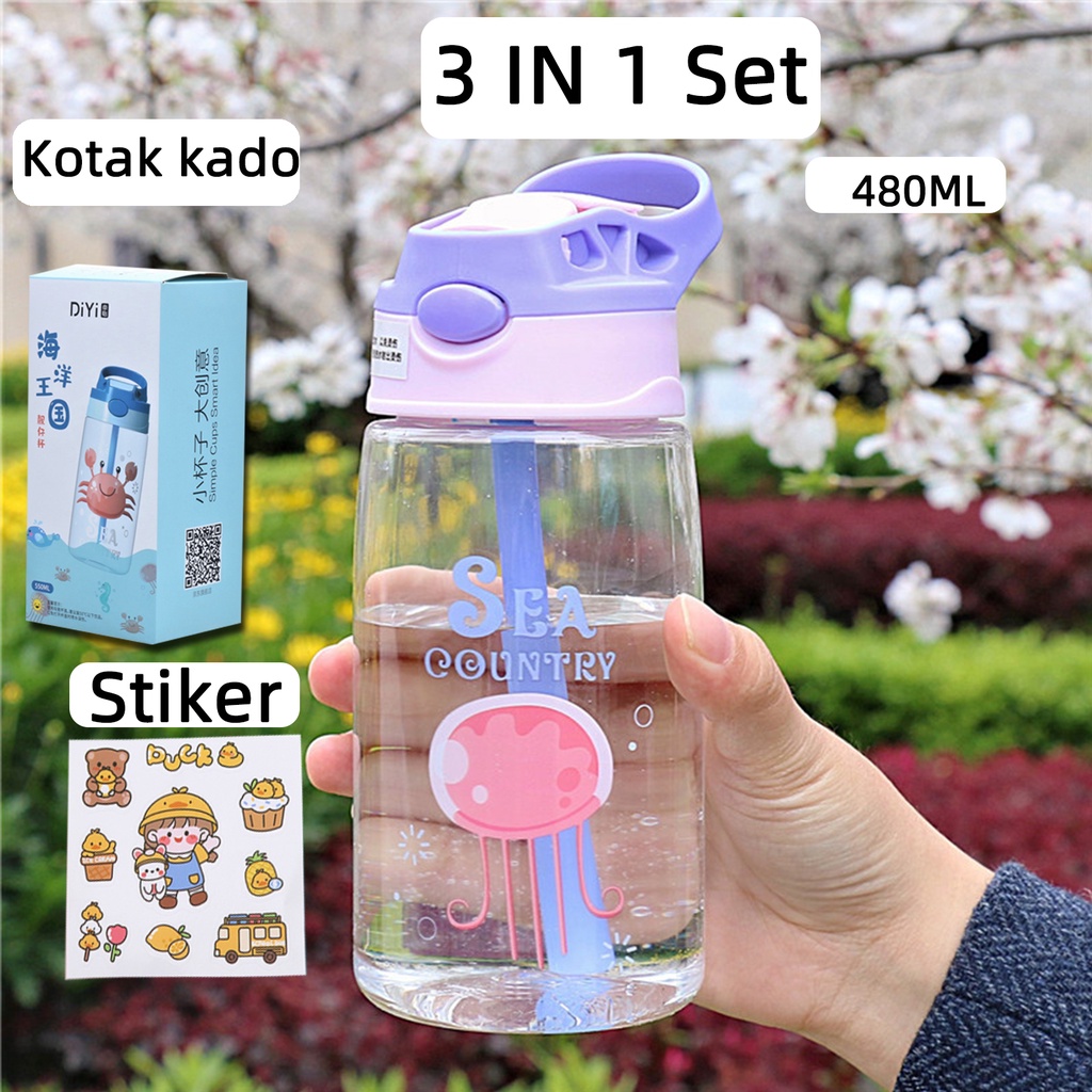 Botol Minum Anak Desain Unik Variasi Motif Karakter terdapat Sedotan BPA FREE bottol minum sedotan cangkir jerami cangkir plastik lucu cangkir kartun portabel 480ML 1000ML-ubur-ubur 3 IN 1