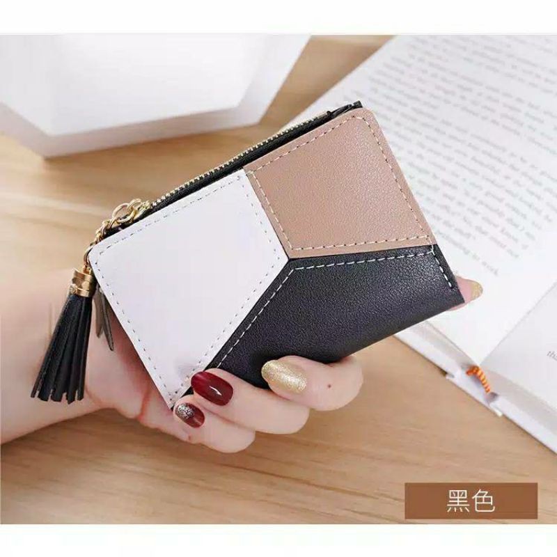 Dompet Wanita Lipat Diagonal Black Pendek Korean Wallet