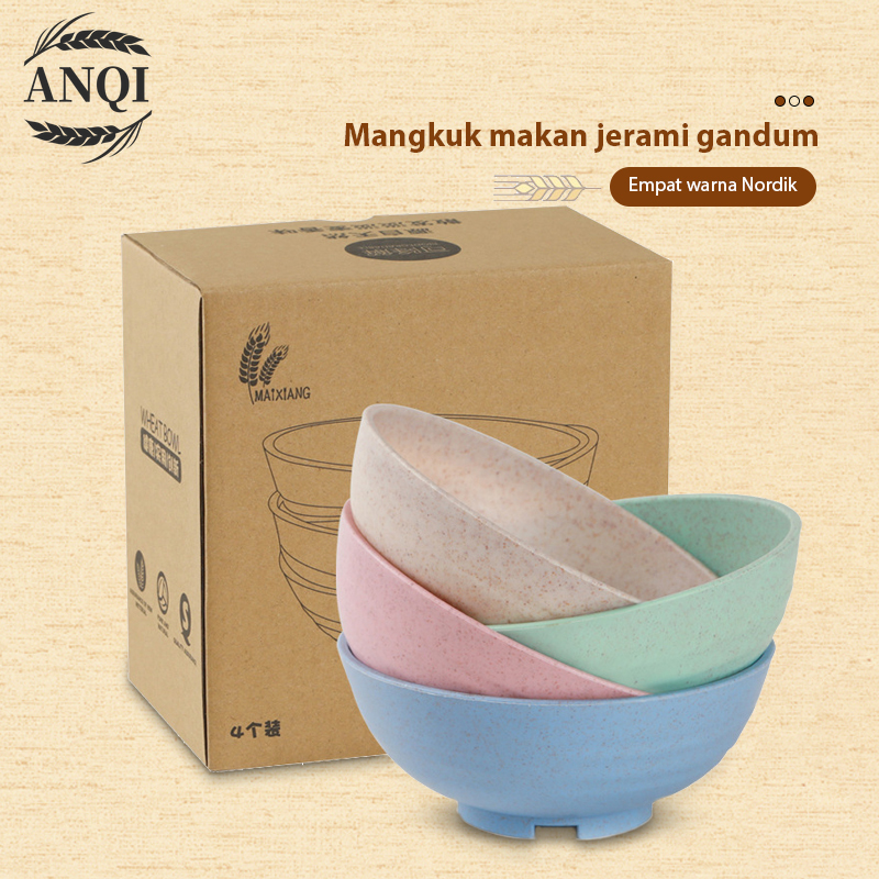 ANQI 4Pcs Mangkok Bowl Mangkuk Plastik Microwave Warna Warni Set Mangkuk Gandum Quality Wheat Bowl