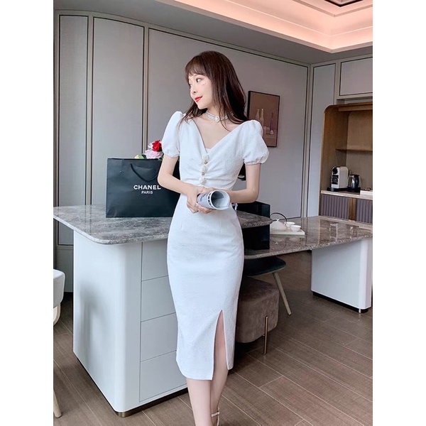 H7 DB9/39 Korean bodycon V neck midi dress beautifull white