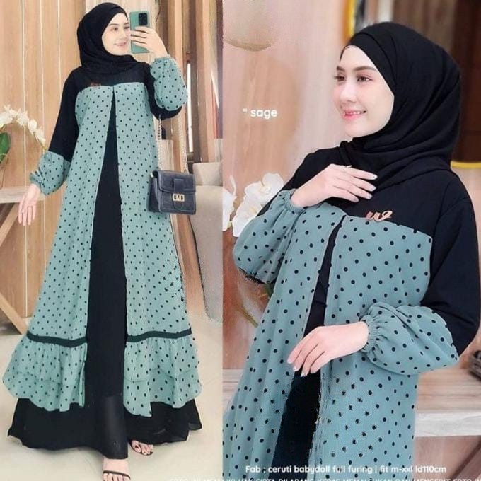 dinara maxi ceruty bebydoll  gamis ceruty kancing rompi polka /gamis sysrii kombinasi motif terbaru