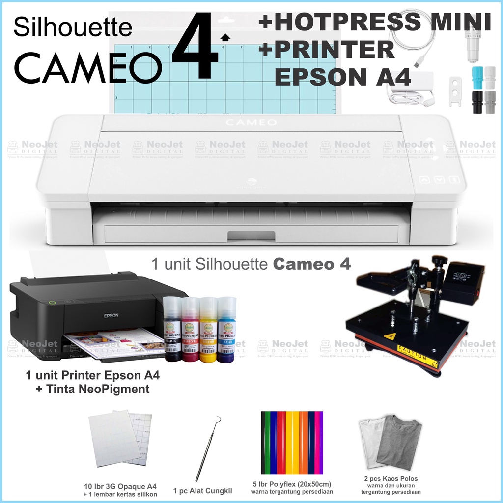 

Paket Usaha Mesin Sablon Digital Custom Distro Cutting Mini Cameo Hotpress Kecil 700 watt Printer Epson A4