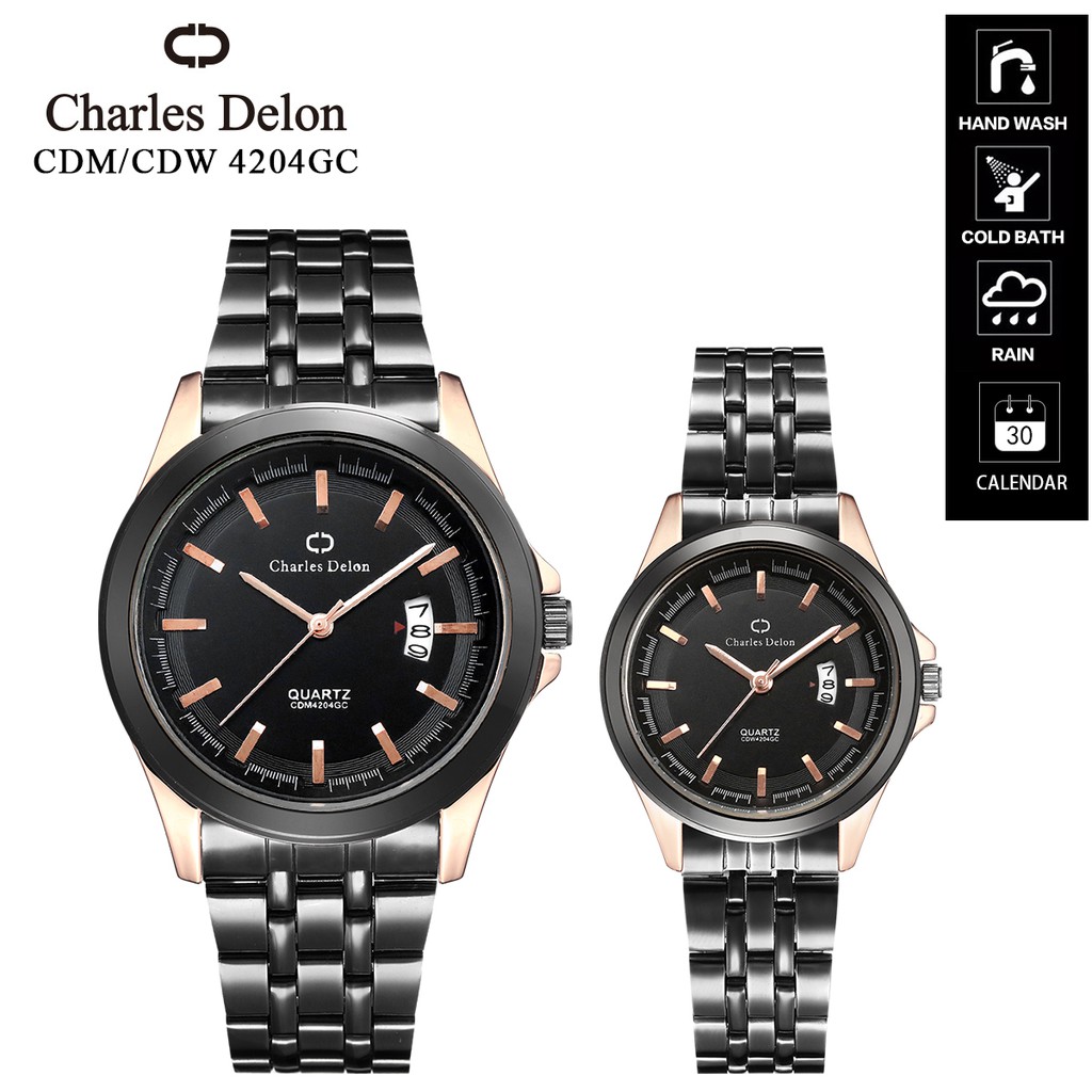 Jam Tangan Wanita Pria Couple Watch Rantai Anti Air Tanggal Box Original Charles Delon 4204 GC RH