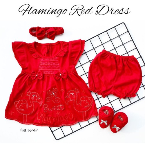 FLOWER flamingo RED dress Baju Merah 1 bulan one month Pakaian Setelan Celana Bandana Anak Bayi Perempuan Cewek Terlaris Lucu Murah