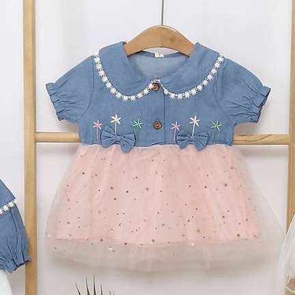 Dress Anak Bayi Balita Import Realpict denim tutu lembut size perkiraan usia bayi 0 3 6 9 12 bulan 1 2 3 tahun thn 0-3 tahun dress lucu-Pink