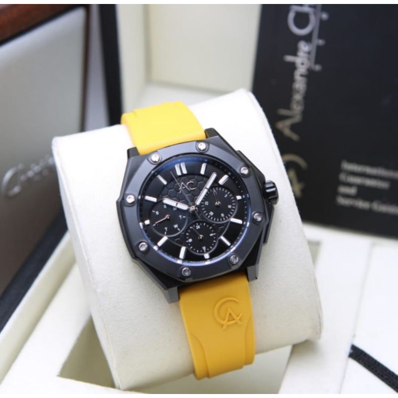 JAM TANGAN WANITA ALEXANDRE CHRISTIE AC9601 BLACK YELLOW WANITA RUBBER ORIGINAL