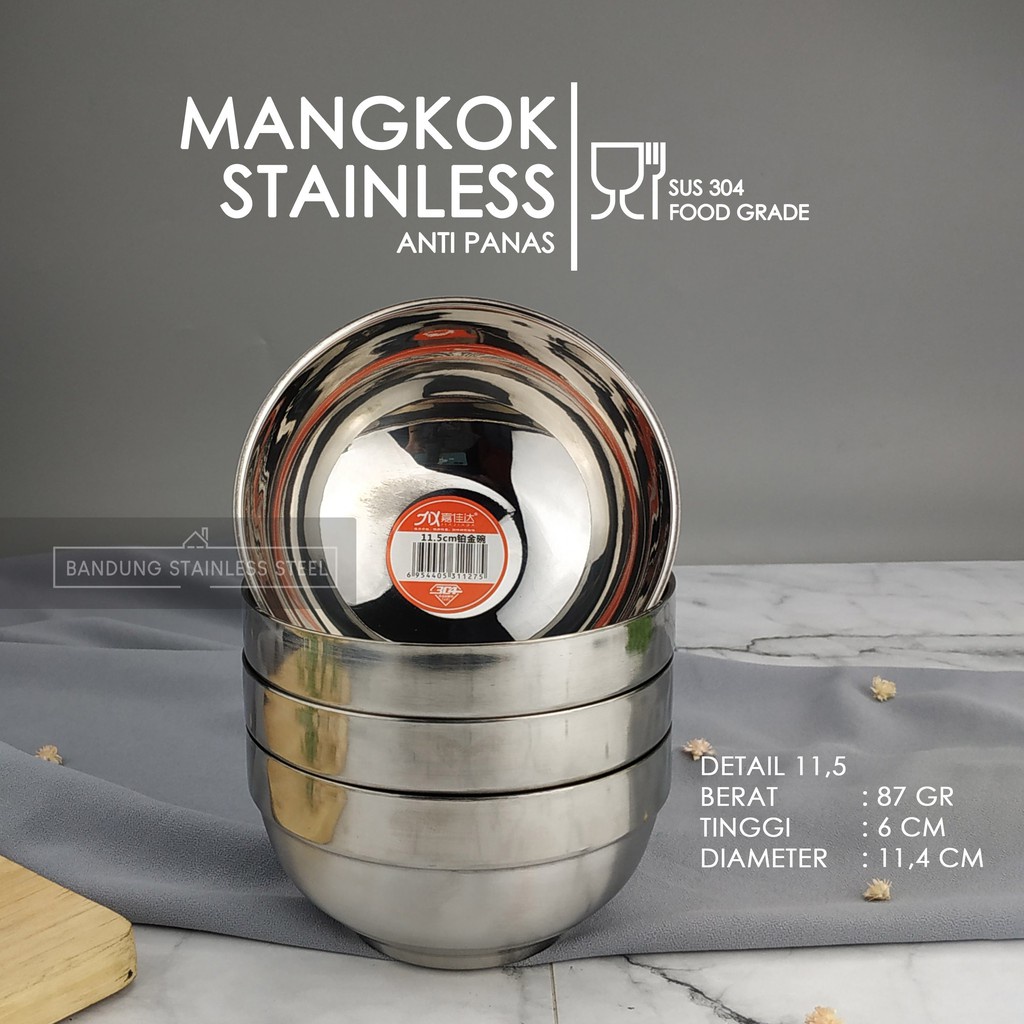 SUS 304 Mangkuk mangkok stainless food grade China bowl 2 lapis anti panas bayi 13cm 11,5cm