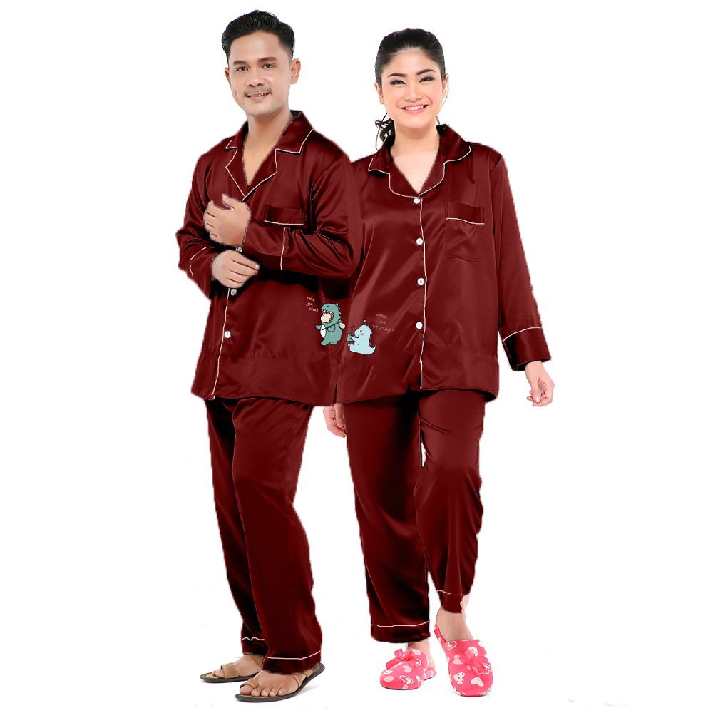 Zavyn Piyama Couple Satin Long Sleeve Dino Take You Home