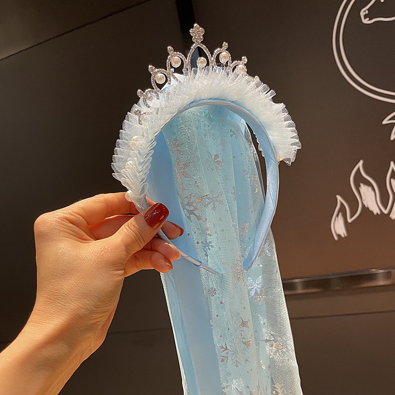 Bando Anak Perempuan Desain Bordir Snowflake Mahkota Simpul Pita Mesh Gaya Princess Frozen