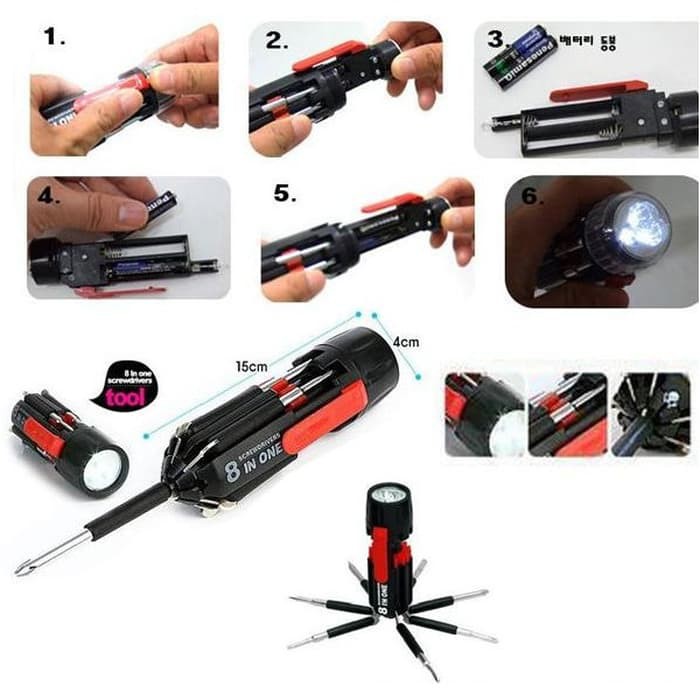 Obeng 8 in 1 Senter Lampu LED Multifungsi Perkakas Screwdrivers Travel