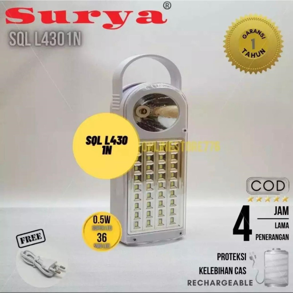 Surya Lampu Emergency SQL L4301 Light LED 36 SMD + 1 Super LED Rechargeable 12 Hours