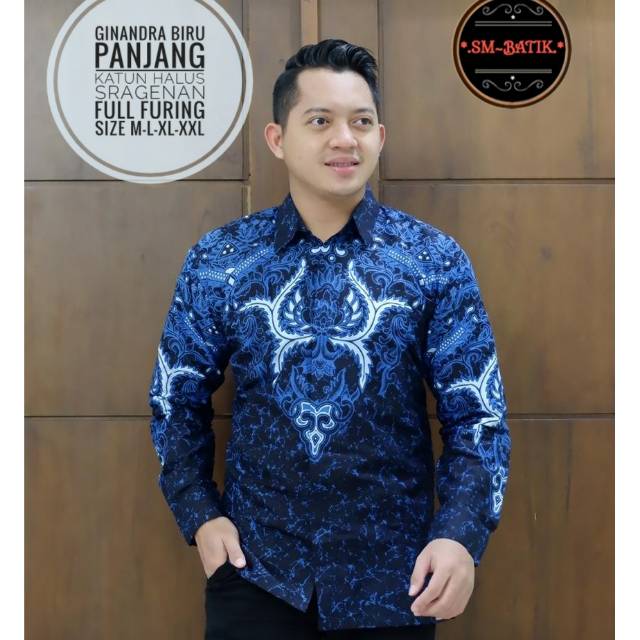 Lemeja Batik Lengan Panjang / Kemeja Batik Lengan Pendek GINANDRA BIRU Batik Warna Biru Berfuring