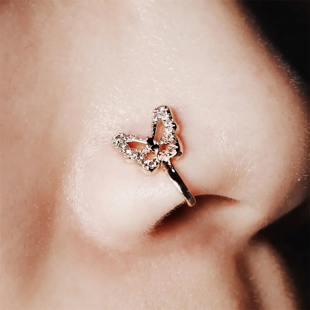1pc Cincin Klip Hidung Palsu Bentuk U Desain Kupu-Kupu Hias Kristal Berlian