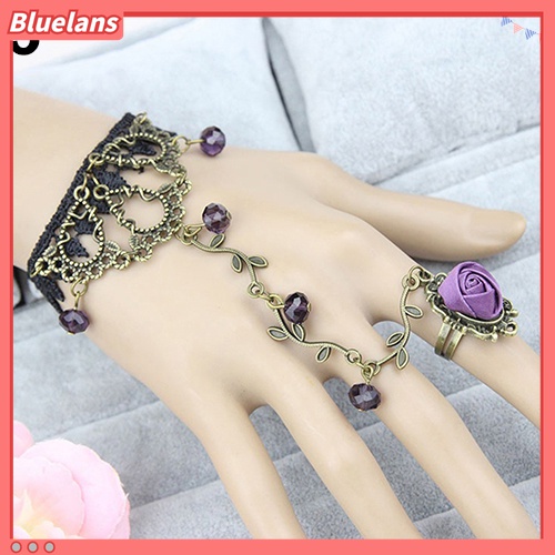 Bluelans Gelang Sambung Cincin Bahan Lace Motif Bunga Gaya Retro / Gothic Untuk Wanita