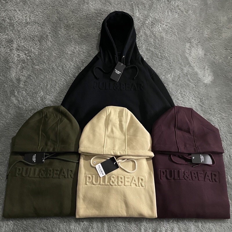 SWEATER HOODIE PULL &amp; BEAR EMBOOS 3D FONT TIMBUL FULL TAG AND LABEL