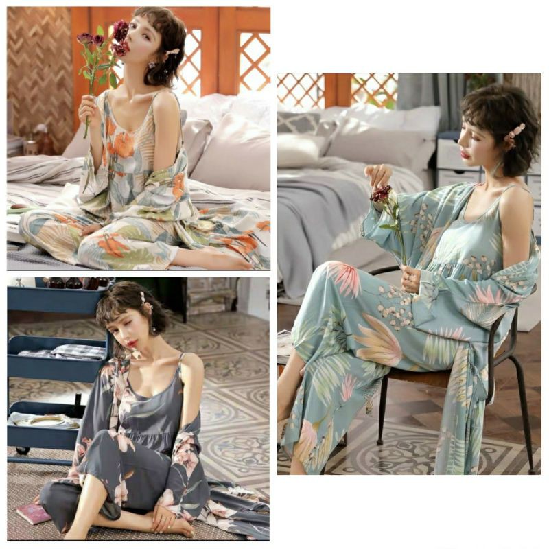 KZ_Stelan kimono 3in1 pp import / set baju tidur kimono 3in1 pp kekinian / Stelan kimono pp terbaru