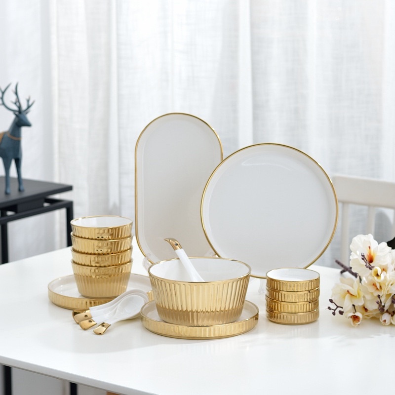 Piring makan set 26 pcs putih emas with GIFT BOX / White Gold Dining Plate