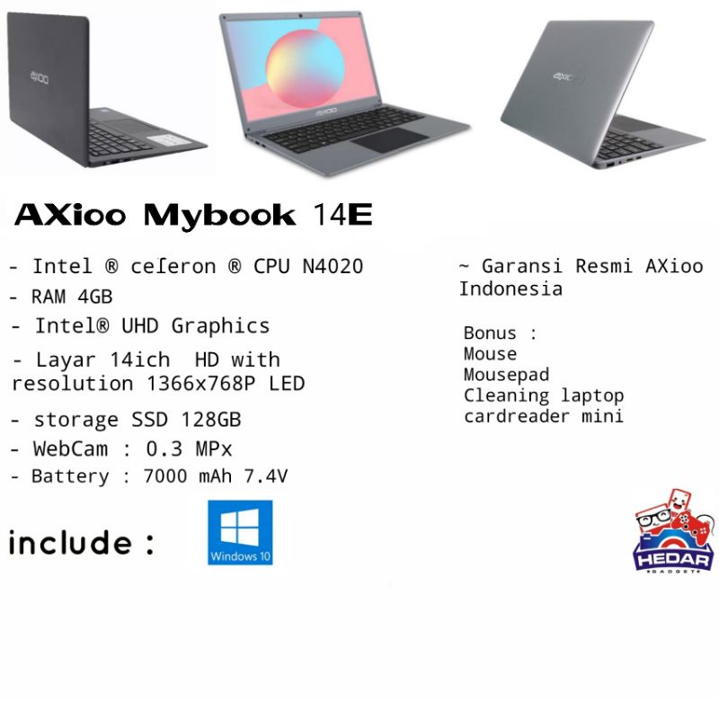 Axioo Mybook 14E Intel N4020 4GB SSD 128GB Intel Graphics W10 14 HD