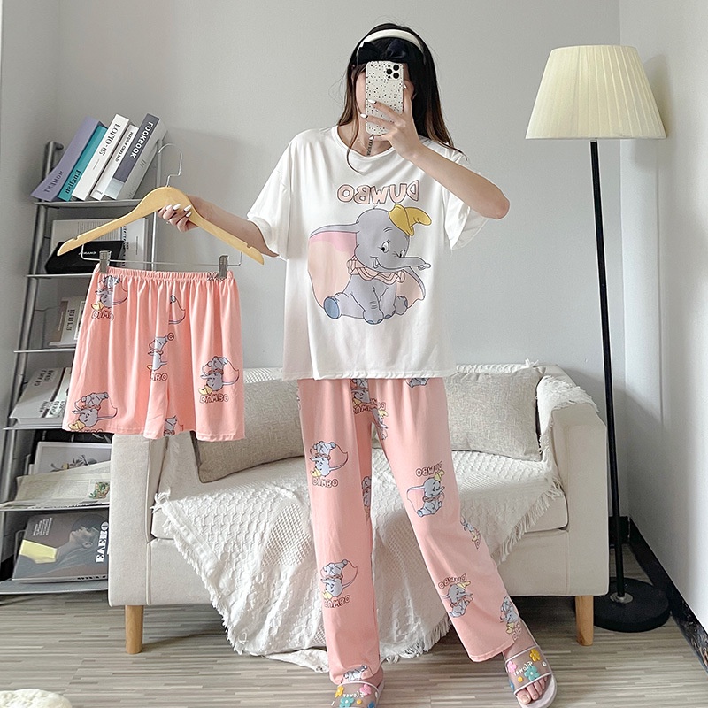 Baru set Baju Tidur Wanita Dewasa Oversize Piyama Bahan Kaos Celana Panjang & Pendek Setelan Baju Tidur 3IN1 Setelan Piyama-Dumbo