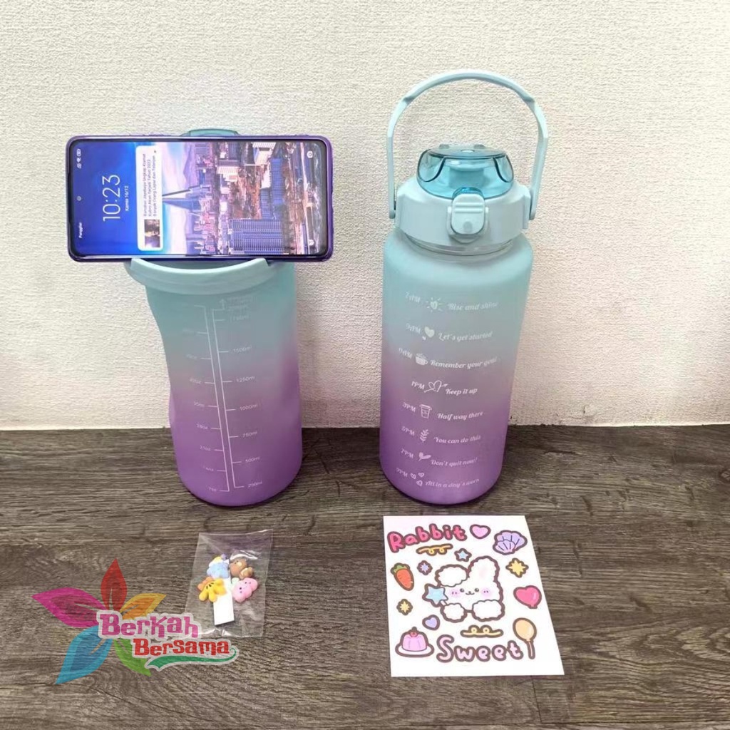 RT61 botol minum tumbler korea warna gradasi pelangi penanda waktu ukuran besar 2 liter 2000ml 2l BB6205