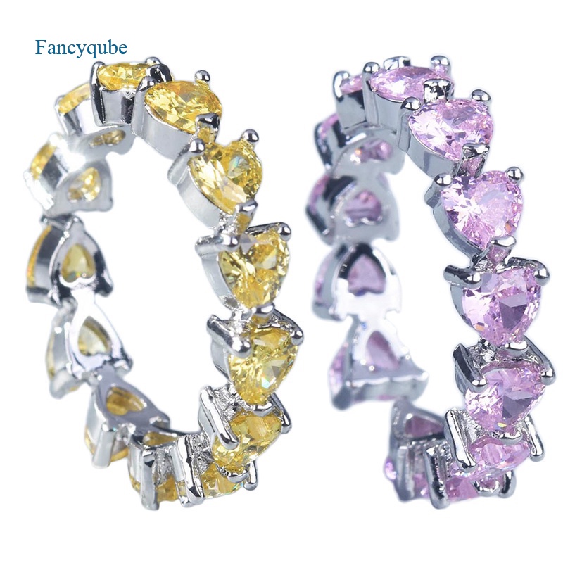 Fancyqube Cincin Silver 925 Hias Kristal Zircon Bentuk Hati Warna Kuning / Pink Untuk Wanita