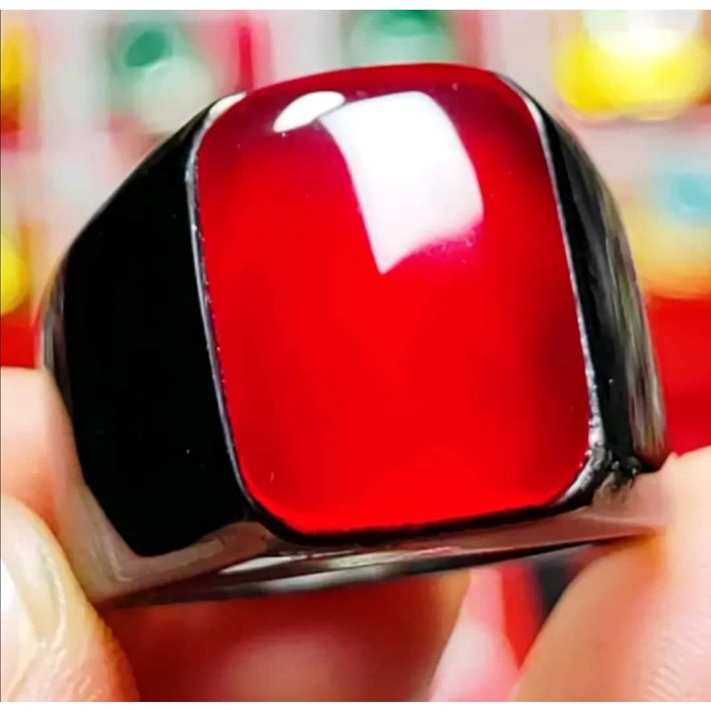 Cincin Batu Akik Asli Natural Red Baron Pacitan Kotak Ring Titanium Anti Karat Anti Luntur
