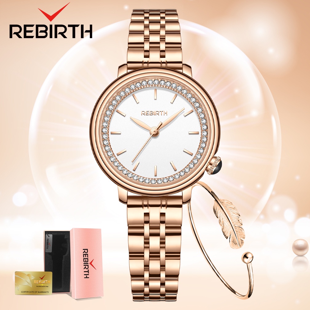 REBIRTH Jam Tangan Wanita Mode Mewah Tali Baja Penuh Berlian Dial Tahan Air Kuarsa Jam Tangan Cewek