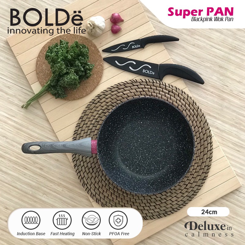 Bolde Super Pan Beige Blackpink 24 cm Panci Penggorengan Deep Wok 24 Bisa Kompor Induksi | Stir Fry Wajan Anti Lengket Granit 24cm | Granite