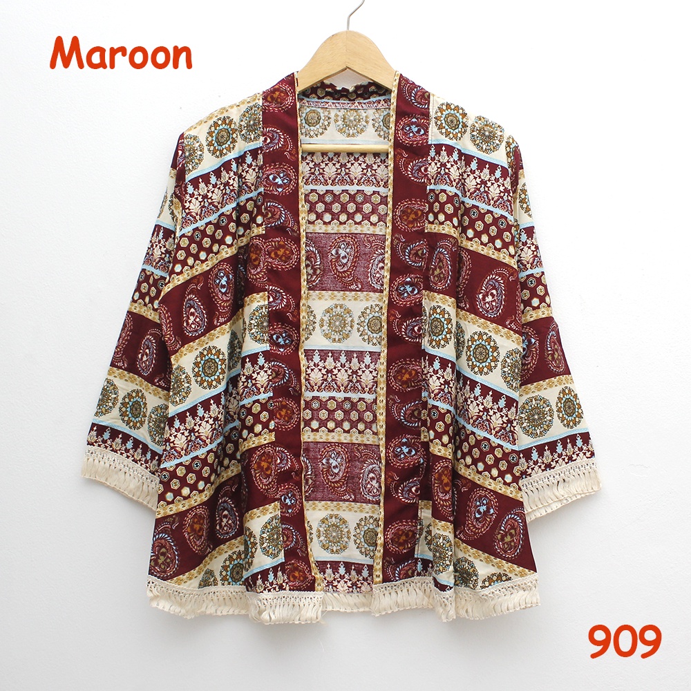 𝑱𝒂𝒌𝒂𝒓𝒕𝒂𝑭𝒂𝒔𝒉𝒊𝒐𝒏 cardigan rumbai outter bohemian motif etnik batik warna navy renda cream kardigan-3