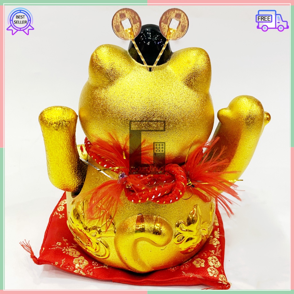 Patung Pajangan Boneka Hiasan Kucing Hoki Rejeki Maneki Neko Maneko Neki Keberuntungan Lucky Cat Jepang Cina China Keramik Gold Emas Baterai Batrai Batre Batrei Baterry Listrik Tangan Gerak Goyang Meja Toko Cafe Kafe Kasir Murah Kecil Sedang Medium Besar