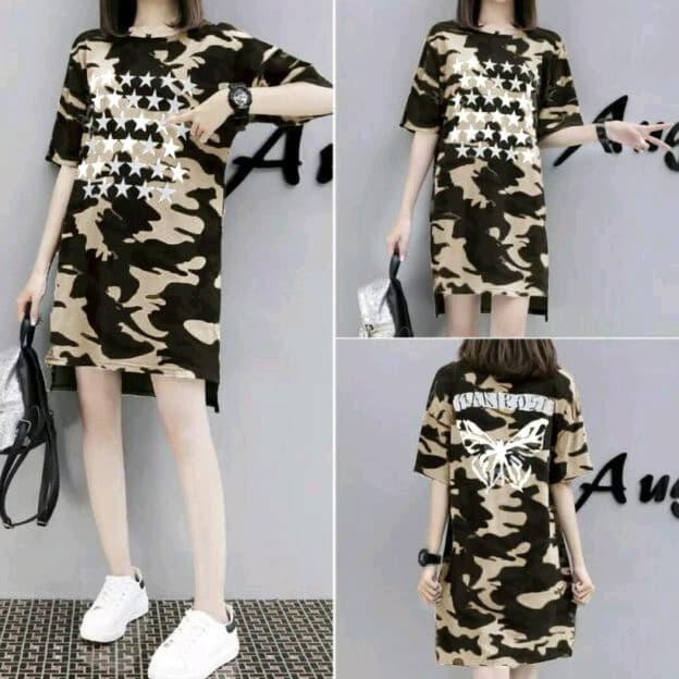 Termurah Mini Dress Kaos Wanita Loreng Coklat Army Star Erin