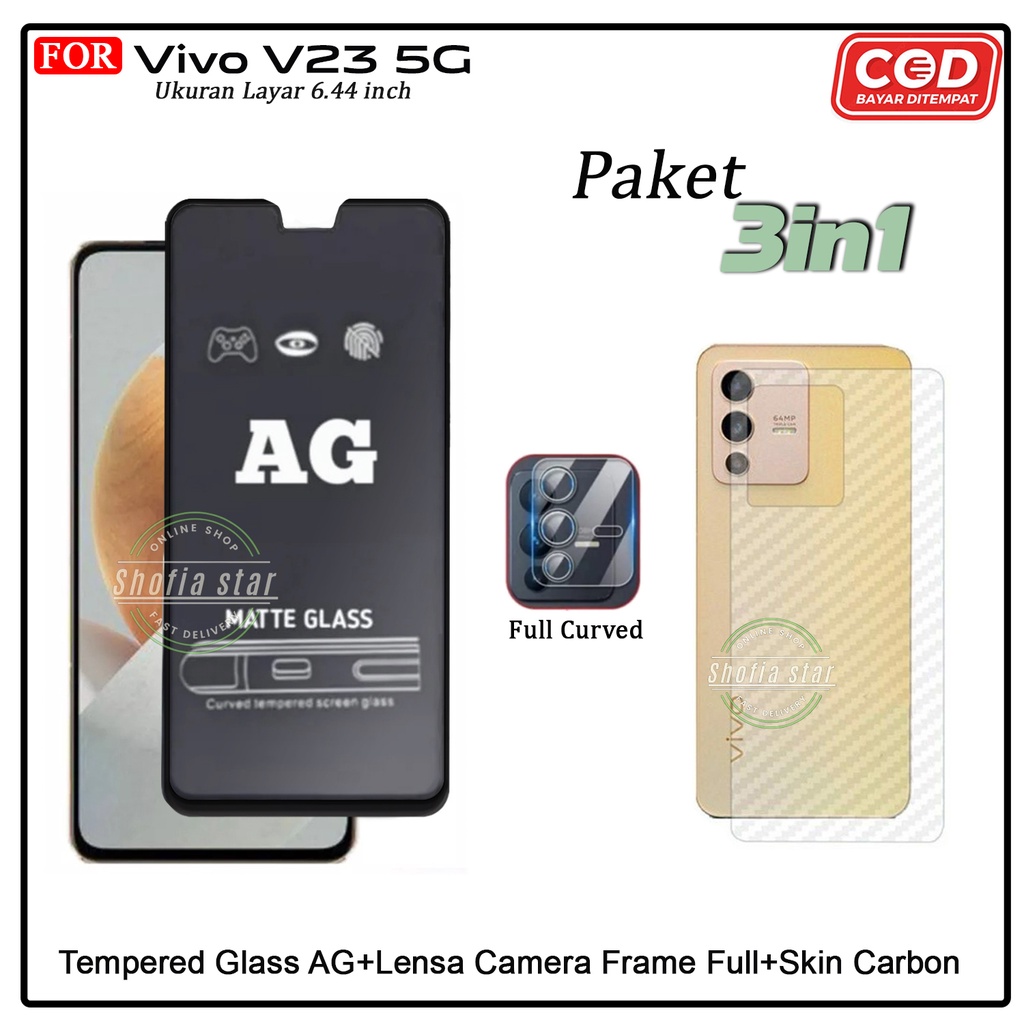 PAKET 3IN1 Tempered Glass Vivo V23 5G TG Layar kaca Full Cover