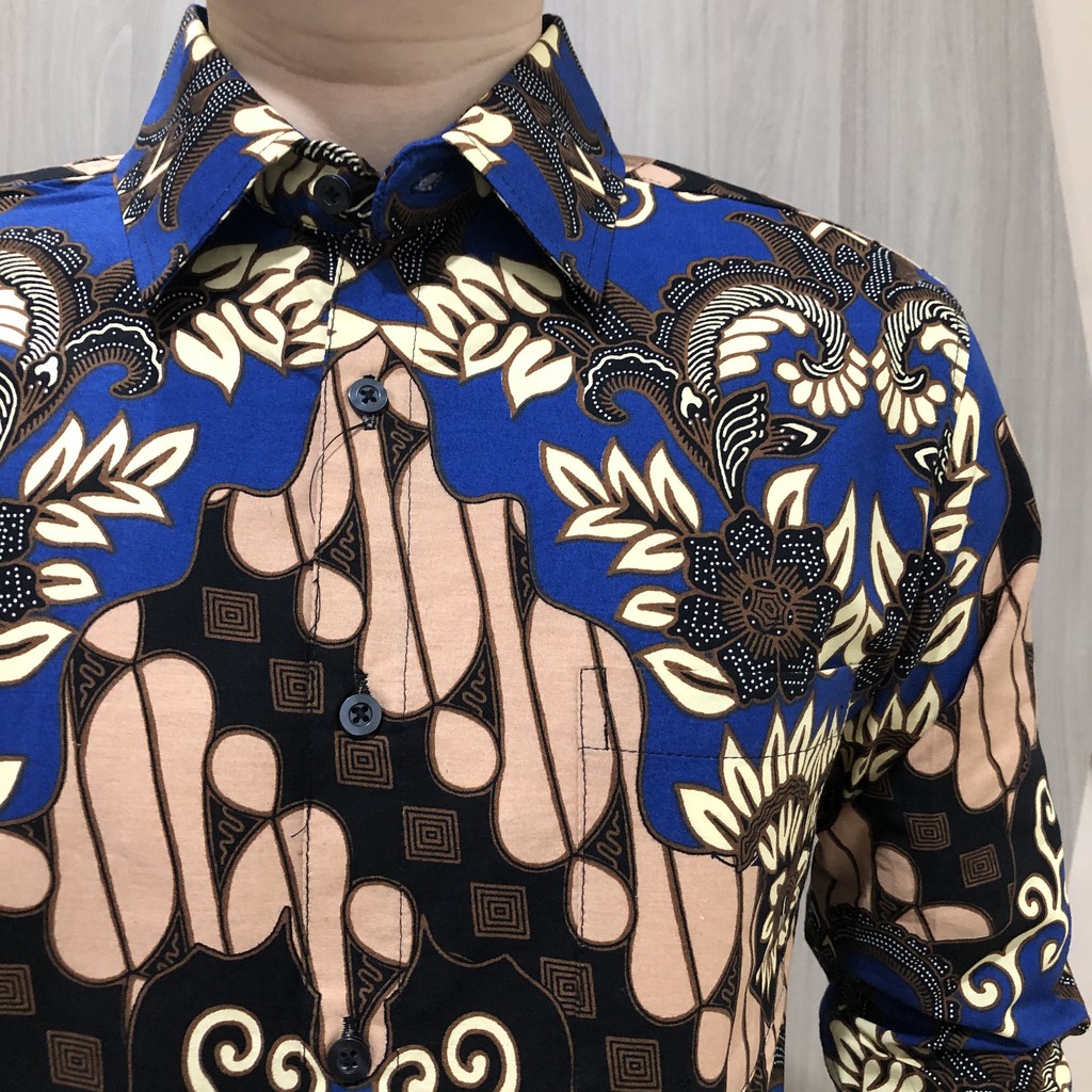 [GRIDLINE - LS080 Brown - LS029 Blue] Baju Kemeja Batik Slimfit Pria Lengan Panjang FULL KATUN