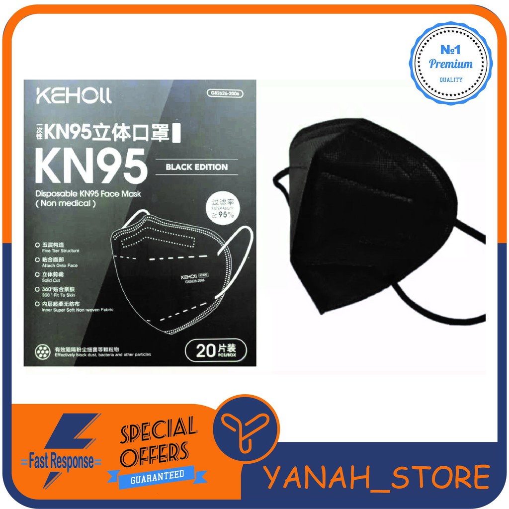 Masker Kn95 Keholl Black Hitam Premium 5Ply 5 ply Earloop isi 20- yanah_store78