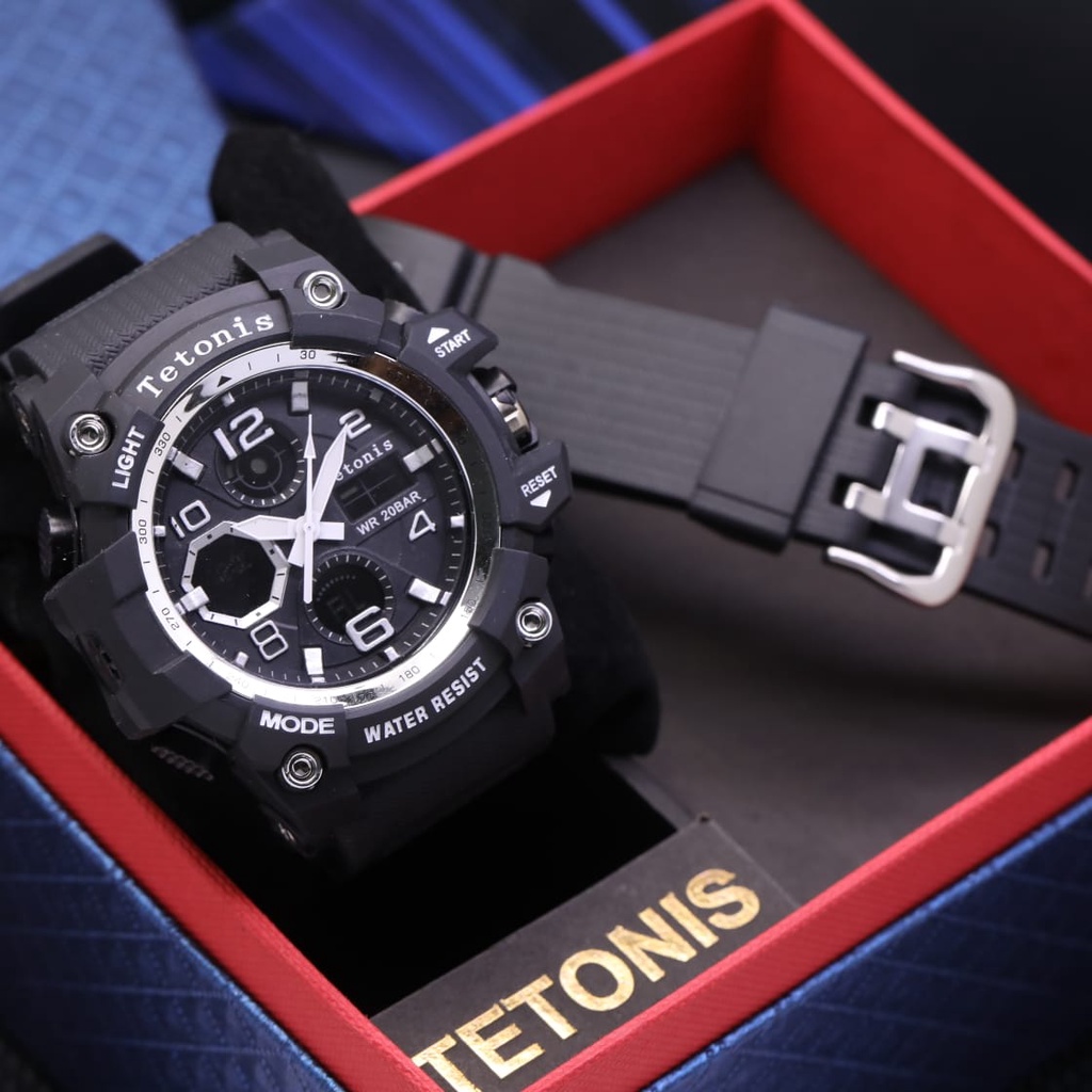 Jam tangan cowok sport Tetonis analog digital rubber free strap rubber