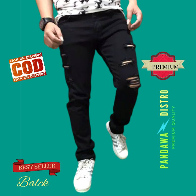 CELANA JEANS PRIA SOBEK RIPPED ROBEK SLIMFIT PENSIL STRETCH DENIM HITAM PREMIUM 27-38