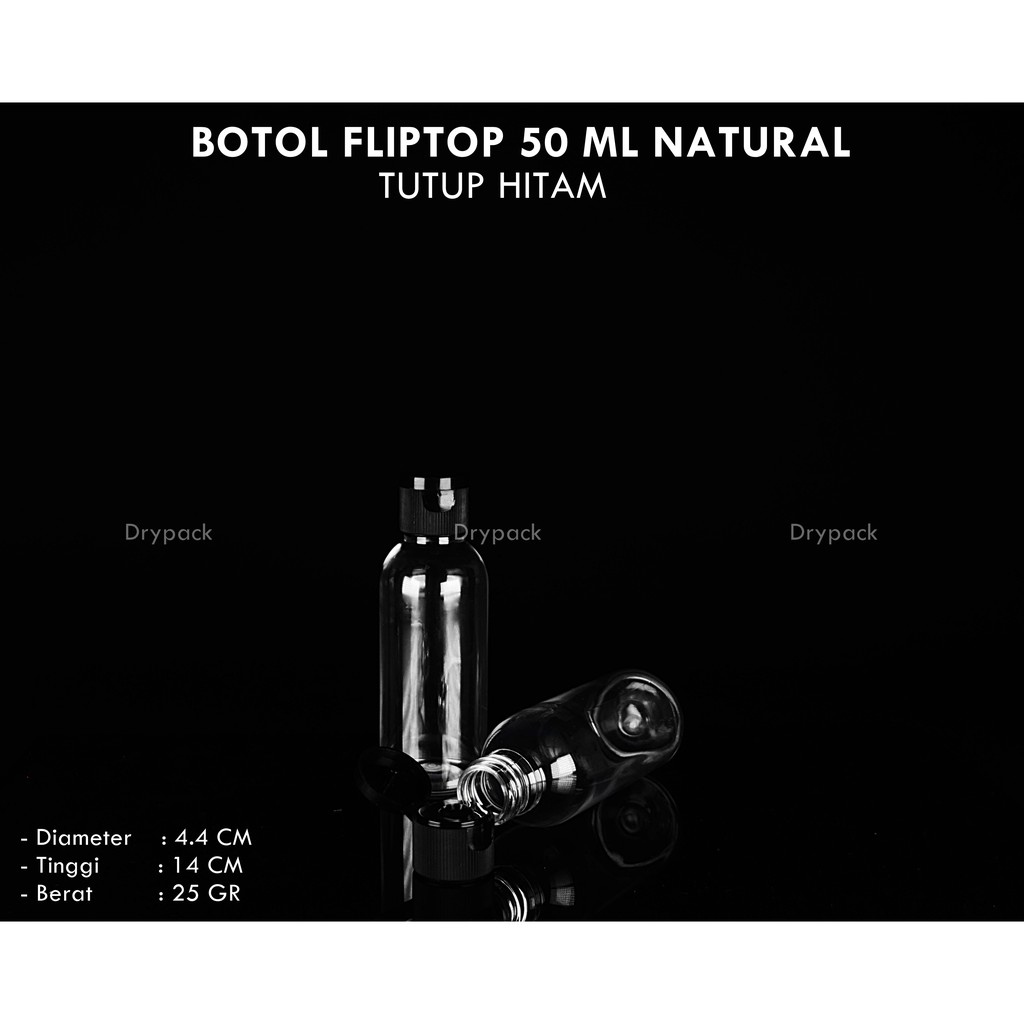 Botol fliptop 50 ml Natural tutup Hitam