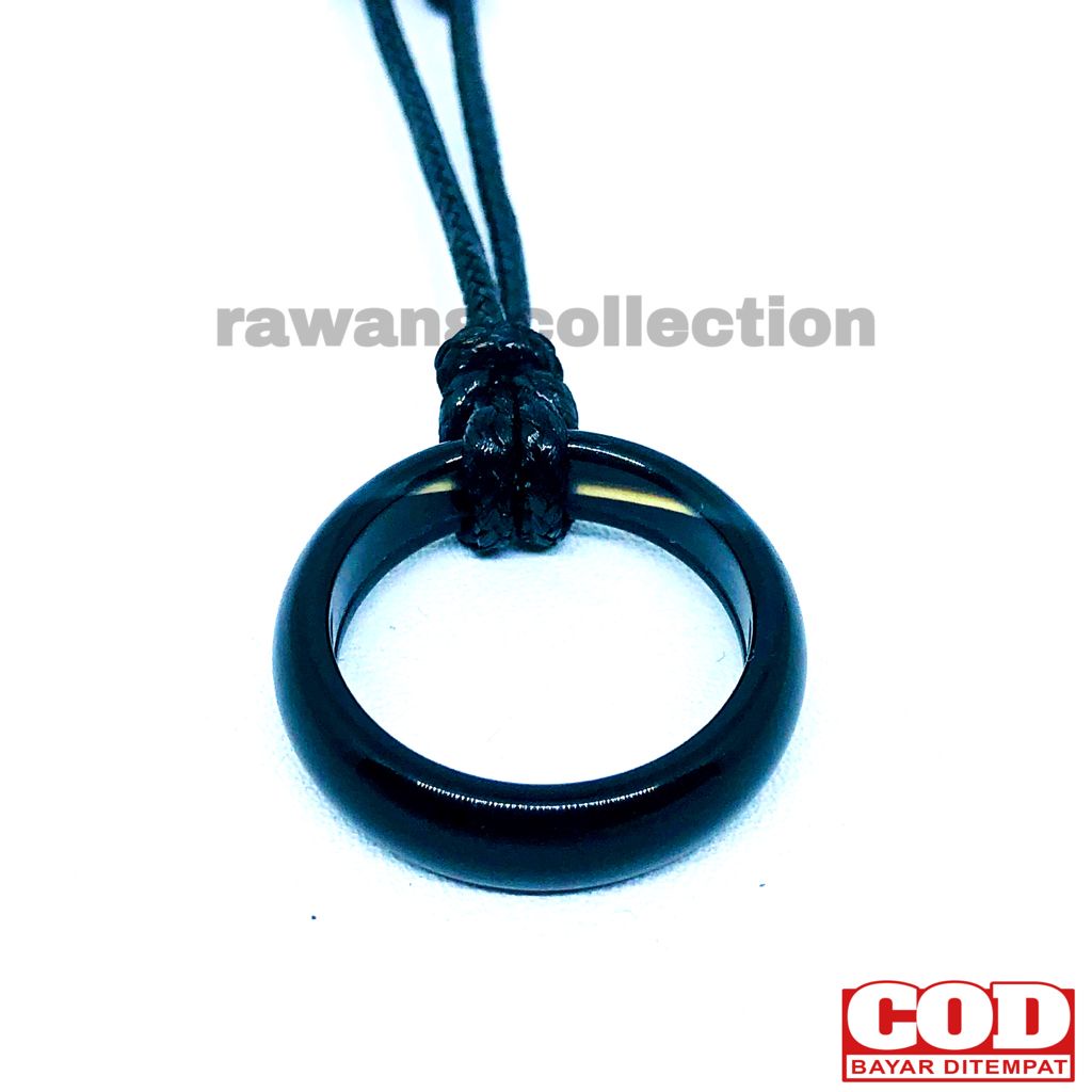Kalung Pria Keren Tali Korea Bandul Cincin Giok Hitam Asli