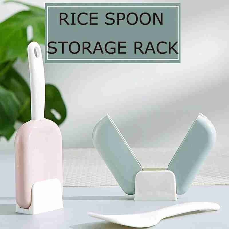 Non-stick Rice Spoon Automatic Open Close Paddle Scoop Dustproof Rice Spoon Storage Rack Set Kitchen Flatware Tool