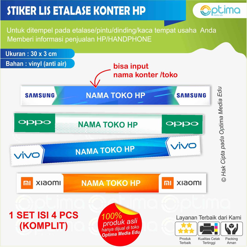 

STIKER LIS ETALASE KONTER HP/HANDPHONE 3 X 30 CM ISI 4 PCS BISA INPUT NAMA KONTER NYA